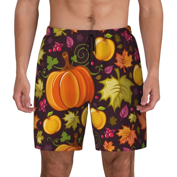 Lsque Mens Swim Trunks Autumn Harvest Pumpkin Joy Pattern - Bathing Suit Compression Liner - Beach Swim Shorts Swimwear - (S-3XL) - Stretch Quick Dry -XX-Large