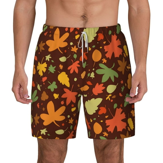 Lsque Mens Swim Trunks Autumn Leaves Pattern - Bathing Suit Compression Liner - Beach Swim Shorts Swimwear - (S-3XL) - Stretch Quick Dry -Large