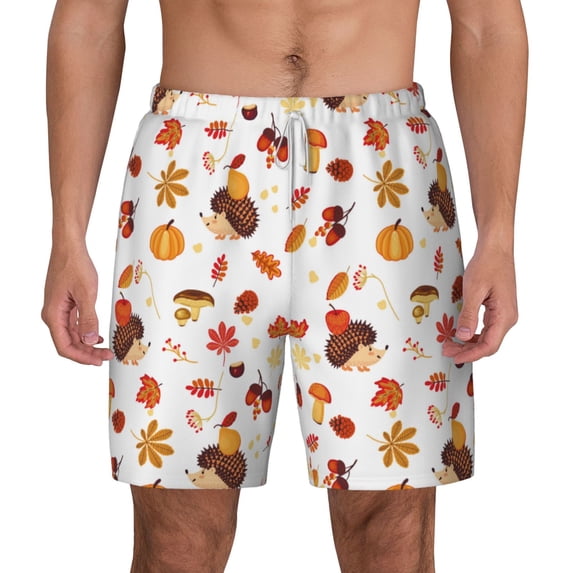 Lsque Mens Swim Trunks Autumn Maple Leaf with Hedgehog Pattern - Bathing Suit Compression Liner - Beach Swim Shorts Swimwear - (S-3XL) - Stretch Quick Dry -Medium