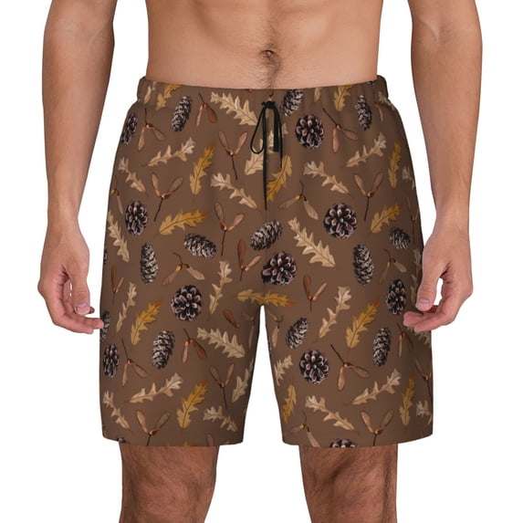 Lsque Mens Swim Trunks Autumn Pinecone Plants Pattern - Bathing Suit Compression Liner - Beach Swim Shorts Swimwear - (S-3XL) - Stretch Quick Dry -