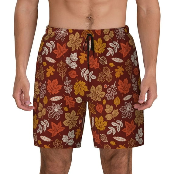 Lsque Mens Swim Trunks Autumn Warm Tone Maple Leaf Pattern - Bathing Suit Compression Liner - Beach Swim Shorts Swimwear - (S-3XL) - Stretch Quick Dry -Large