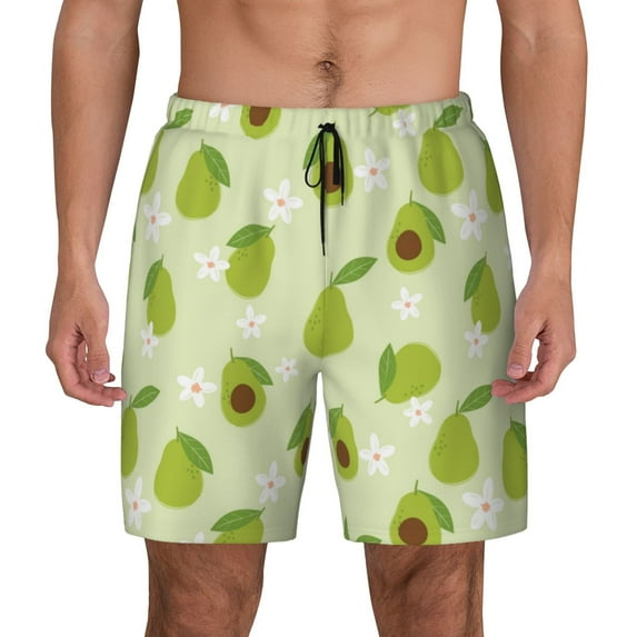 Lsque Mens Swim Trunks Avocado With Leaf And Flower Pattern - Bathing Suit Compression Liner - Beach Swim Shorts Swimwear - (S-3XL) - Stretch Quick Dry -Large