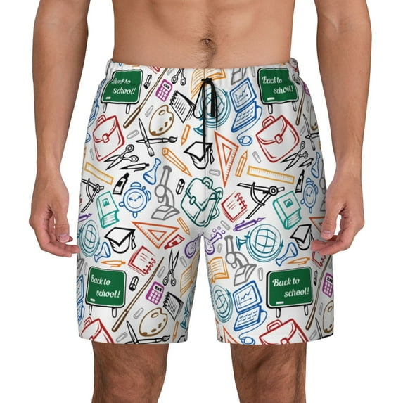 Lsque Mens Swim Trunks Back To School Pattern - Bathing Suit Compression Liner - Beach Swim Shorts Swimwear - (S-3XL) - Stretch Quick Dry -Medium