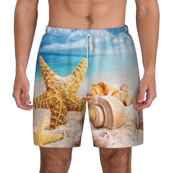 Lsque Mens Swim Trunks Beach Starfish Shell Pattern - Bathing Suit Compression Liner - Beach Swim Shorts Swimwear - (S-3XL) - Stretch Quick Dry -3X-Large