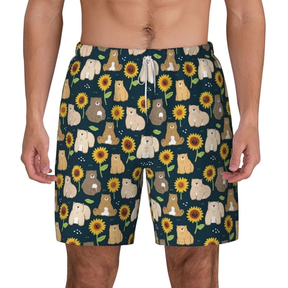 Lsque Mens Swim Trunks Bear Sunflower Pattern - Bathing Suit Compression Liner - Beach Swim Shorts Swimwear - (S-3XL) - Stretch Quick Dry -Medium
