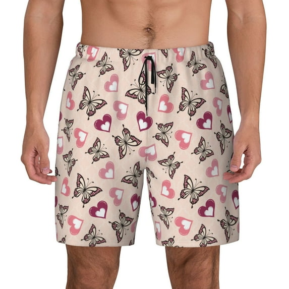 Lsque Mens Swim Trunks Beautiful Butterflies and Hearts Pattern - Bathing Suit Compression Liner - Beach Swim Shorts Swimwear - (S-3XL) - Stretch Quick Dry -Small