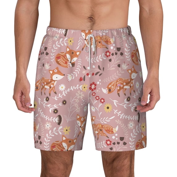 Lsque Mens Swim Trunks Beautiful Fox Pattern - Bathing Suit Compression Liner - Beach Swim Shorts Swimwear - (S-3XL) - Stretch Quick Dry -Large