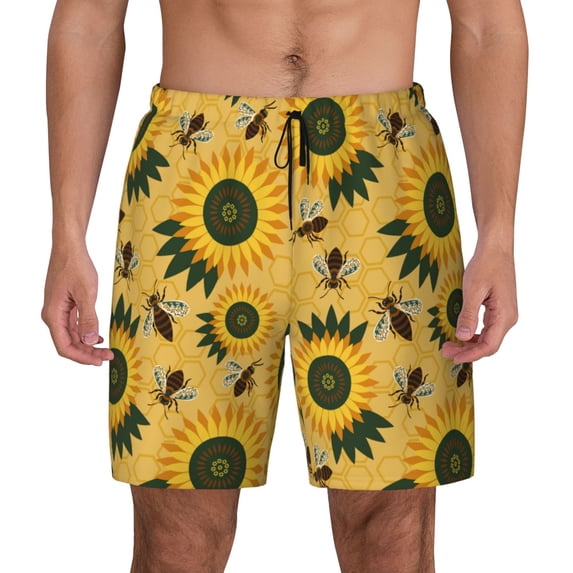 Lsque Mens Swim Trunks Bees and Sunflowers Pattern - Bathing Suit Compression Liner - Beach Swim Shorts Swimwear - (S-3XL) - Stretch Quick Dry -X-Large