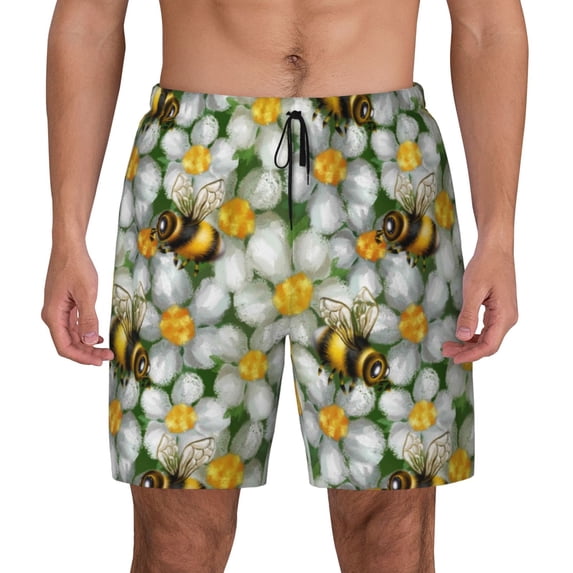 Lsque Mens Swim Trunks Bees and Flower Pattern - Bathing Suit Compression Liner - Beach Swim Shorts Swimwear - (S-3XL) - Stretch Quick Dry -Large