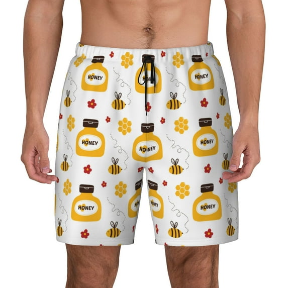 Lsque Mens Swim Trunks Bees and Flowers Pattern - Bathing Suit Compression Liner - Beach Swim Shorts Swimwear - (S-3XL) - Stretch Quick Dry -Medium