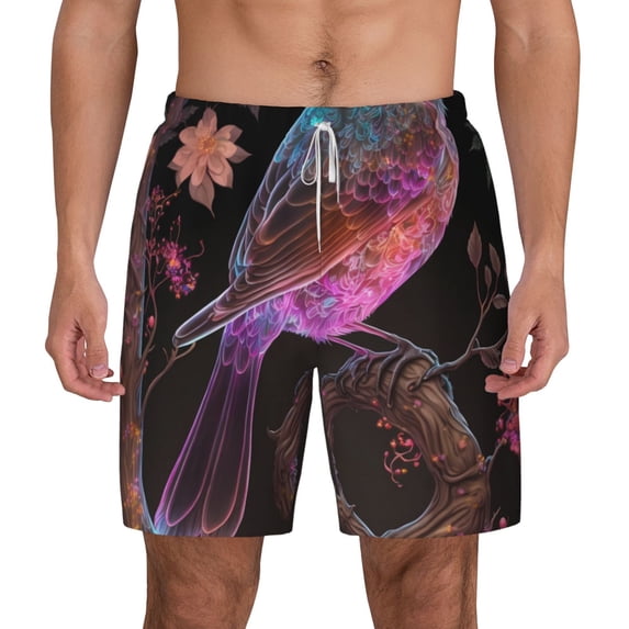 Lsque Mens Swim Trunks Bird4 Pattern - Bathing Suit Compression Liner - Beach Swim Shorts Swimwear - (S-3XL) - Stretch Quick Dry -Medium