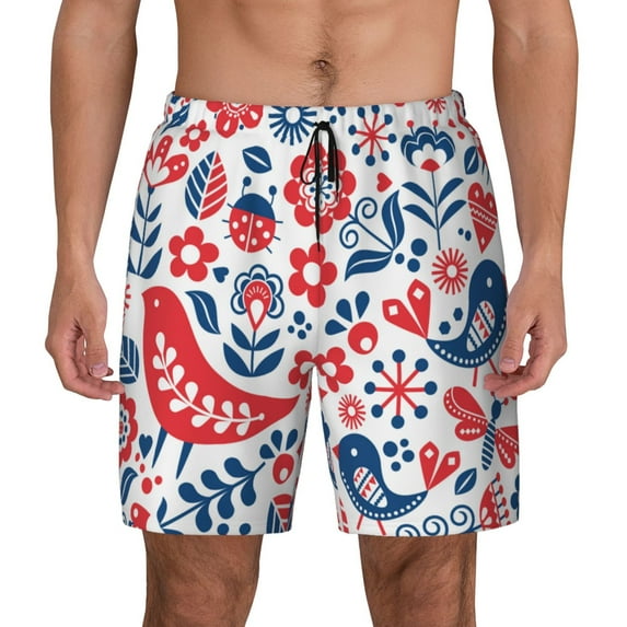 Lsque Mens Swim Trunks Birds Flowers Pattern - Bathing Suit Compression Liner - Beach Swim Shorts Swimwear - (S-3XL) - Stretch Quick Dry -XX-Large