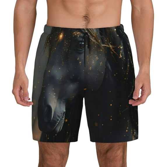 Lsque Mens Swim Trunks Black And Gold White Horse Pattern - Bathing Suit Compression Liner - Beach Swim Shorts Swimwear - (S-3XL) - Stretch Quick Dry -Small