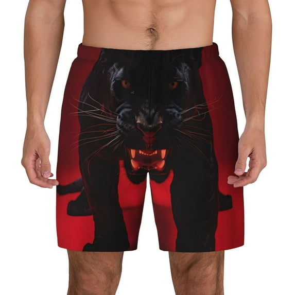 Lsque Mens Swim Trunks Black Panther Red Background Pattern - Bathing Suit Compression Liner - Beach Swim Shorts Swimwear - (S-3XL) - Stretch Quick Dry -Large