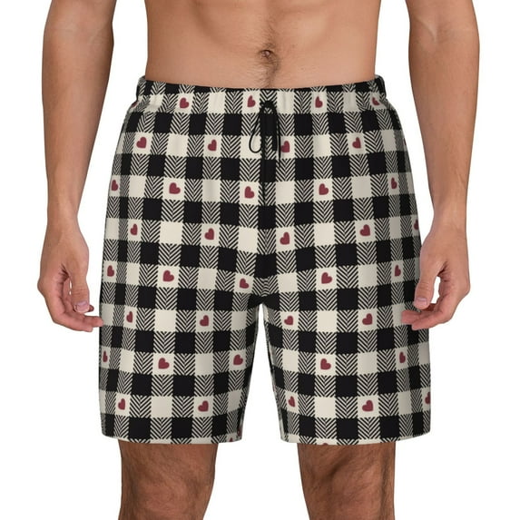 Lsque Mens Swim Trunks Black Plaid Heart Pattern - Bathing Suit Compression Liner - Beach Swim Shorts Swimwear - (S-3XL) - Stretch Quick Dry -X-Large