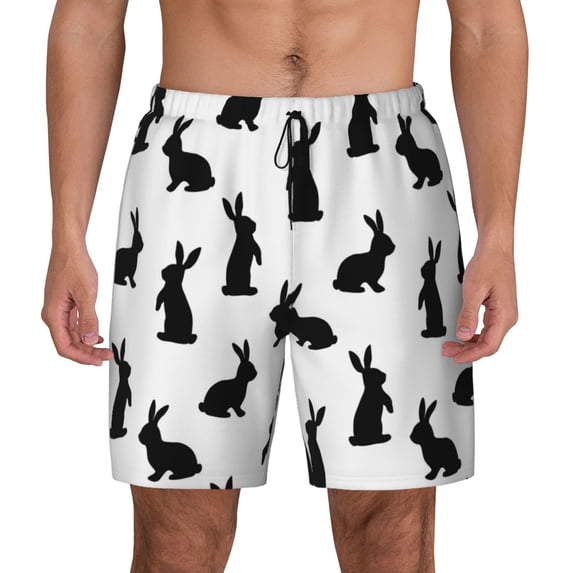 Lsque Mens Swim Trunks Black Rabbit Pattern - Bathing Suit Compression Liner - Beach Swim Shorts Swimwear - (S-3XL) - Stretch Quick Dry -
