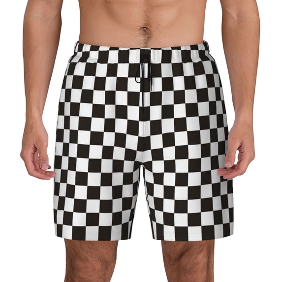 Lsque Mens Swim Trunks Black and White Checkerboard Pattern - Bathing Suit Compression Liner - Beach Swim Shorts Swimwear - (S-3XL) - Stretch Quick Dry -Large