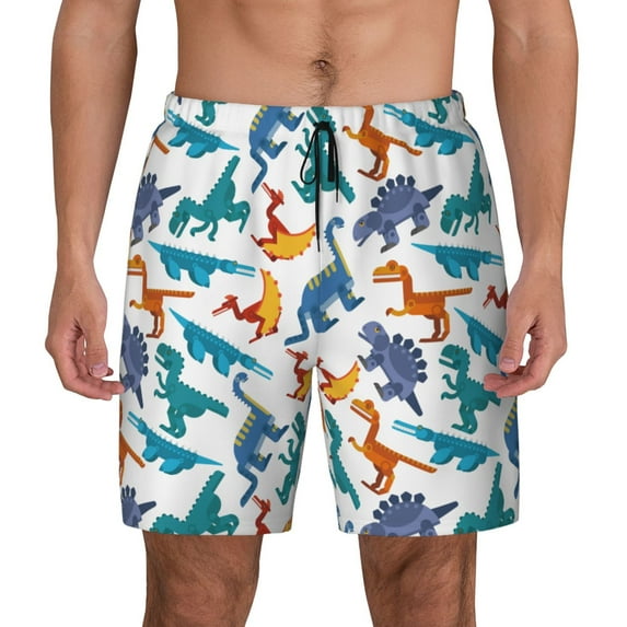 Lsque Mens Swim Trunks Block Dinosaur Pattern - Bathing Suit Compression Liner - Beach Swim Shorts Swimwear - (S-3XL) - Stretch Quick Dry -X-Large