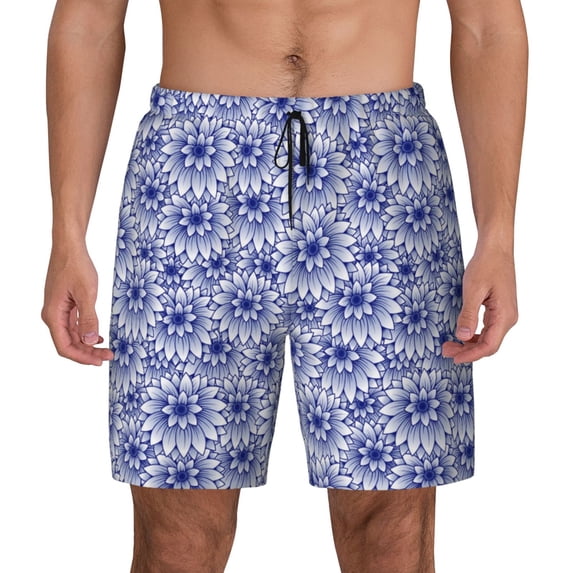 Lsque Mens Swim Trunks Blue And White Flowers Pattern - Bathing Suit Compression Liner - Beach Swim Shorts Swimwear - (S-3XL) - Stretch Quick Dry -Large