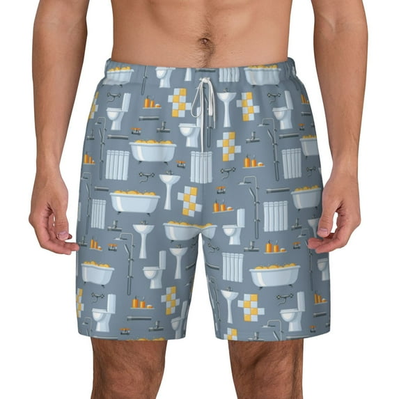 Lsque Mens Swim Trunks Blue Bathroom Pattern - Bathing Suit Compression Liner - Beach Swim Shorts Swimwear - (S-3XL) - Stretch Quick Dry -Large
