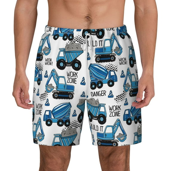 Lsque Mens Swim Trunks Blue Excavator Pattern - Bathing Suit Compression Liner - Beach Swim Shorts Swimwear - (S-3XL) - Stretch Quick Dry -Medium
