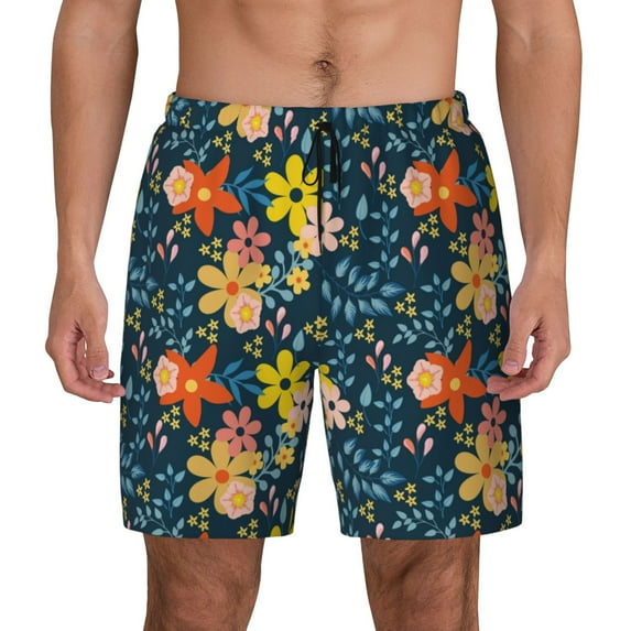 Lsque Mens Swim Trunks Blue Floral Pattern - Bathing Suit Compression Liner - Beach Swim Shorts Swimwear - (S-3XL) - Stretch Quick Dry -Small