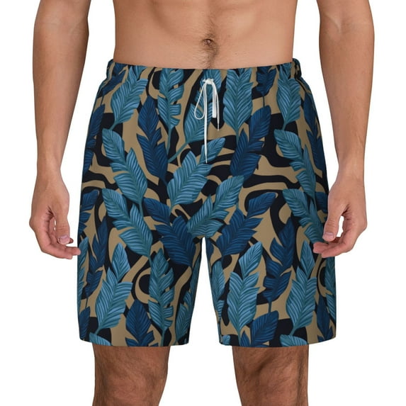 Lsque Mens Swim Trunks Blue Leaves A Pattern - Bathing Suit Compression Liner - Beach Swim Shorts Swimwear - (S-3XL) - Stretch Quick Dry -Small