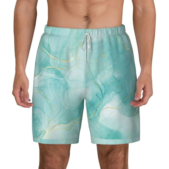 Lsque Mens Swim Trunks Blue Marble Pattern - Bathing Suit Compression Liner - Beach Swim Shorts Swimwear - (S-3XL) - Stretch Quick Dry -Large