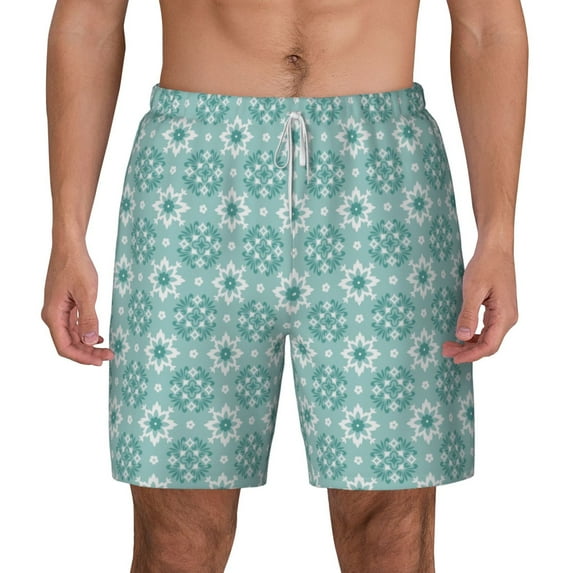 Lsque Mens Swim Trunks Blue Print Pattern - Bathing Suit Compression Liner - Beach Swim Shorts Swimwear - (S-3XL) - Stretch Quick Dry -X-Large