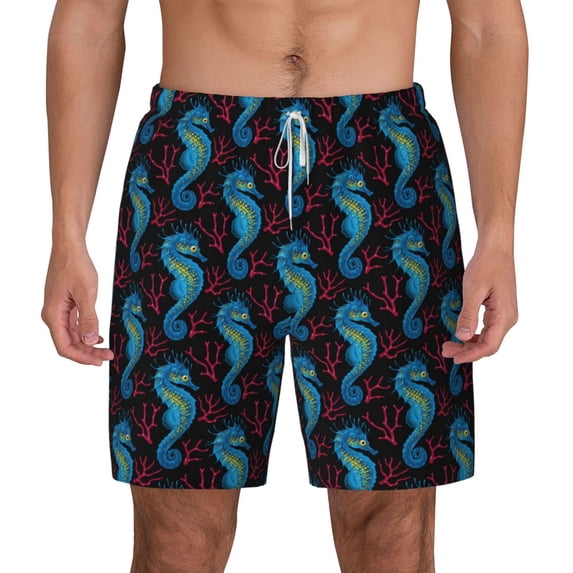 Lsque Mens Swim Trunks Blue Seahorse Pattern - Bathing Suit Compression Liner - Beach Swim Shorts Swimwear - (S-3XL) - Stretch Quick Dry -Small