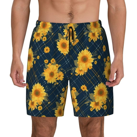 Lsque Mens Swim Trunks Blue Striped Sunflower A Pattern - Bathing Suit Compression Liner - Beach Swim Shorts Swimwear - (S-3XL) - Stretch Quick Dry -Small