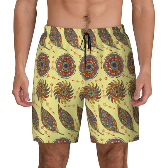 Lsque Mens Swim Trunks Bohemia Pattern - Bathing Suit Compression Liner - Beach Swim Shorts Swimwear - (S-3XL) - Stretch Quick Dry -X-Large