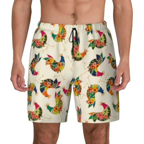 Lsque Mens Swim Trunks Boho Chicken Pattern - Bathing Suit Compression Liner - Beach Swim Shorts Swimwear - (S-3XL) - Stretch Quick Dry -Large