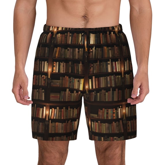 Lsque Mens Swim Trunks Bookshelves Pattern - Bathing Suit Compression Liner - Beach Swim Shorts Swimwear - (S-3XL) - Stretch Quick Dry -X-Large