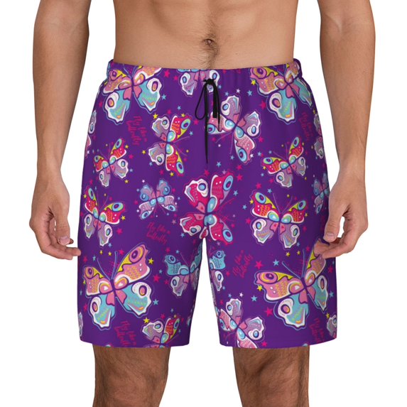 Lsque Mens Swim Trunks Bright Butterflies Pattern - Bathing Suit Compression Liner - Beach Swim Shorts Swimwear - (S-3XL) - Stretch Quick Dry -Small