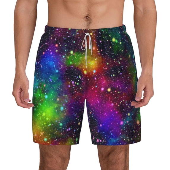 Lsque Mens Swim Trunks Bright Universe Pattern - Bathing Suit Compression Liner - Beach Swim Shorts Swimwear - (S-3XL) - Stretch Quick Dry -Large