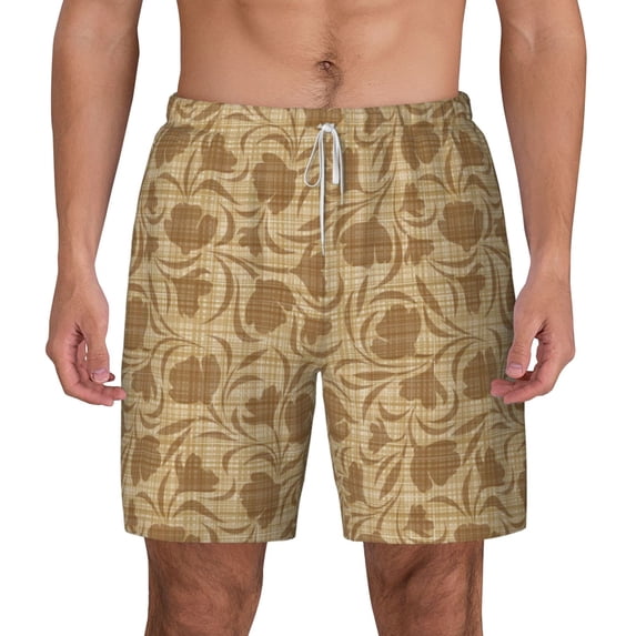 Lsque Mens Swim Trunks Brown Flowers Pattern - Bathing Suit Compression Liner - Beach Swim Shorts Swimwear - (S-3XL) - Stretch Quick Dry -Small