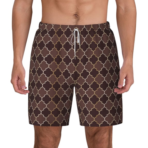 Lsque Mens Swim Trunks Brown Gold Grid Pattern - Bathing Suit Compression Liner - Beach Swim Shorts Swimwear - (S-3XL) - Stretch Quick Dry -3X-Large