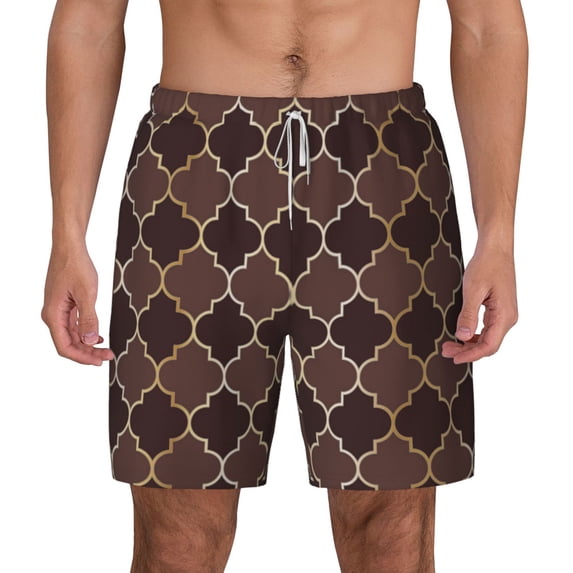 Lsque Mens Swim Trunks Brown Gold Grid Pattern - Bathing Suit Compression Liner - Beach Swim Shorts Swimwear - (S-3XL) - Stretch Quick Dry -X-Large
