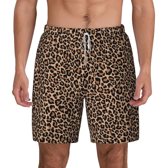 Lsque Mens Swim Trunks Brown Leopard Pattern - Bathing Suit Compression Liner - Beach Swim Shorts Swimwear - (S-3XL) - Stretch Quick Dry -Small