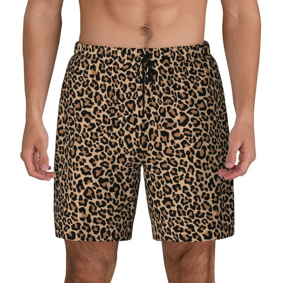 Lsque Mens Swim Trunks Brown Leopard Pattern - Bathing Suit Compression Liner - Beach Swim Shorts Swimwear - (S-3XL) - Stretch Quick Dry -Small