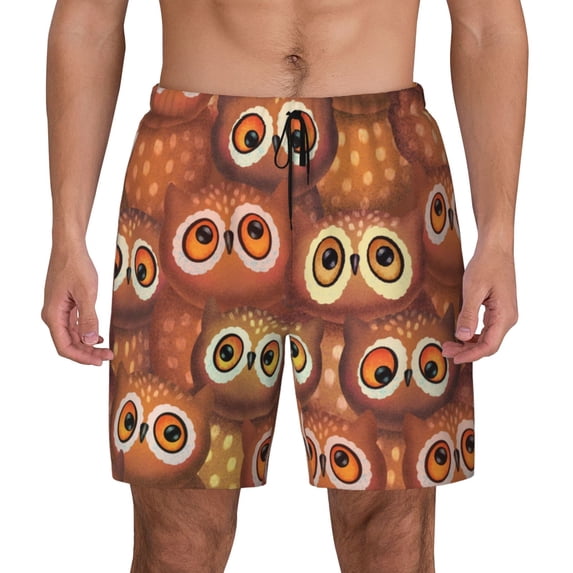 Lsque Mens Swim Trunks Brown Owl Pattern - Bathing Suit Compression Liner - Beach Swim Shorts Swimwear - (S-3XL) - Stretch Quick Dry -Medium