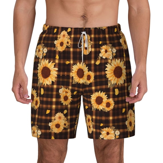 Lsque Mens Swim Trunks Brown Plaid Sunflower Pattern - Bathing Suit Compression Liner - Beach Swim Shorts Swimwear - (S-3XL) - Stretch Quick Dry -XX-Large
