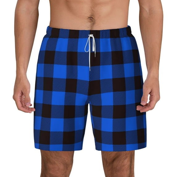 Lsque Mens Swim Trunks Buffalo Plaid Blue Black Pattern - Bathing Suit Compression Liner - Beach Swim Shorts Swimwear - (S-3XL) - Stretch Quick Dry -XX-Large
