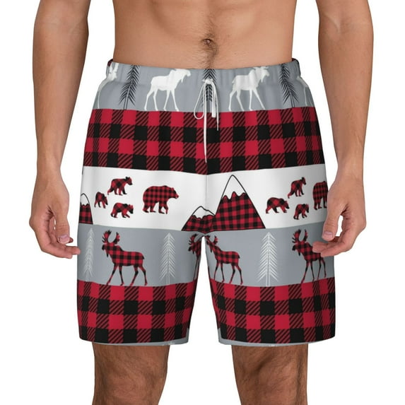 Lsque Mens Swim Trunks Buffalo Plaid Forest Pattern - Bathing Suit Compression Liner - Beach Swim Shorts Swimwear - (S-3XL) - Stretch Quick Dry -3X-Large