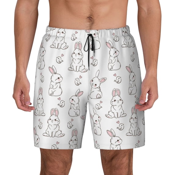 Lsque Mens Swim Trunks Bunny And Bird Pattern - Bathing Suit Compression Liner - Beach Swim Shorts Swimwear - (S-3XL) - Stretch Quick Dry -Medium
