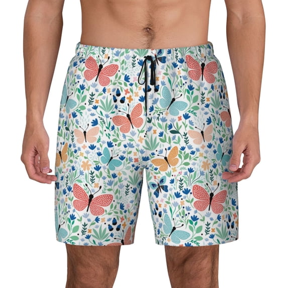 Lsque Mens Swim Trunks Butterflies Pattern - Bathing Suit Compression Liner - Beach Swim Shorts Swimwear - (S-3XL) - Stretch Quick Dry -Large