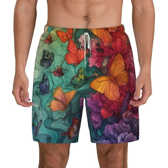 Lsque Mens Swim Trunks Butterfly Flower Cascade Pattern - Bathing Suit Compression Liner - Beach Swim Shorts Swimwear - (S-3XL) - Stretch Quick Dry -XX-Large