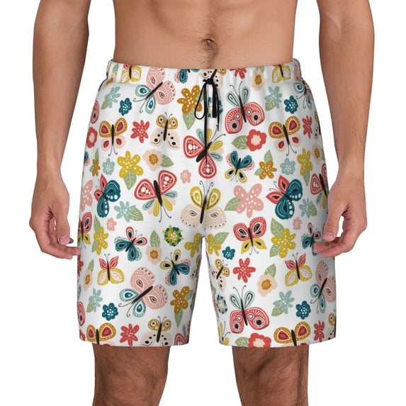 Lsque Mens Swim Trunks Butterfly Flowers Pattern - Bathing Suit Compression Liner - Beach Swim Shorts Swimwear - (S-3XL) - Stretch Quick Dry -