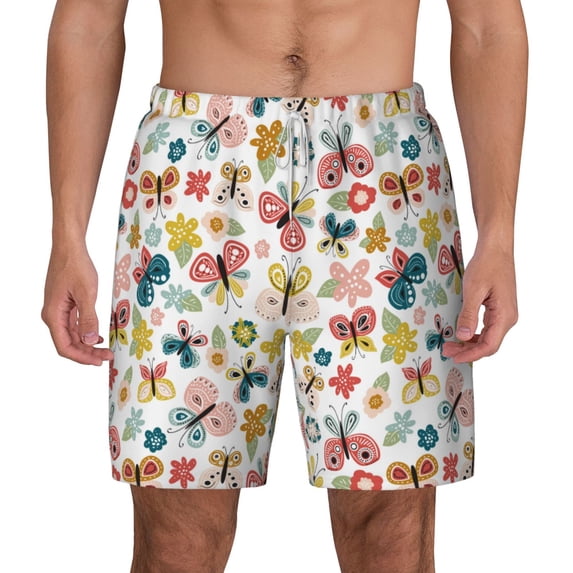 Lsque Mens Swim Trunks Butterfly Flowers Pattern - Bathing Suit Compression Liner - Beach Swim Shorts Swimwear - (S-3XL) - Stretch Quick Dry -X-Large